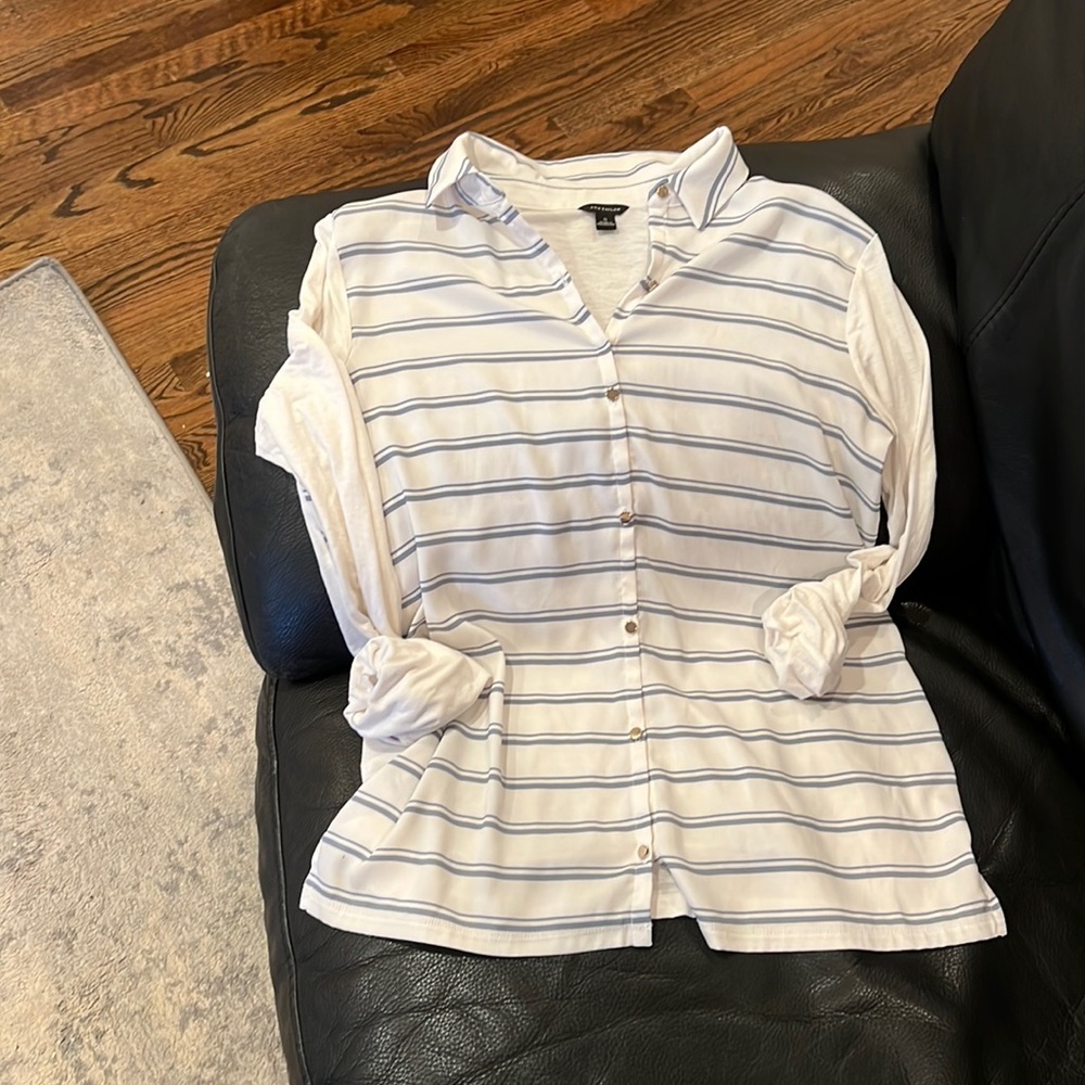 Ann Taylor button down collared shirt blue striped blouse